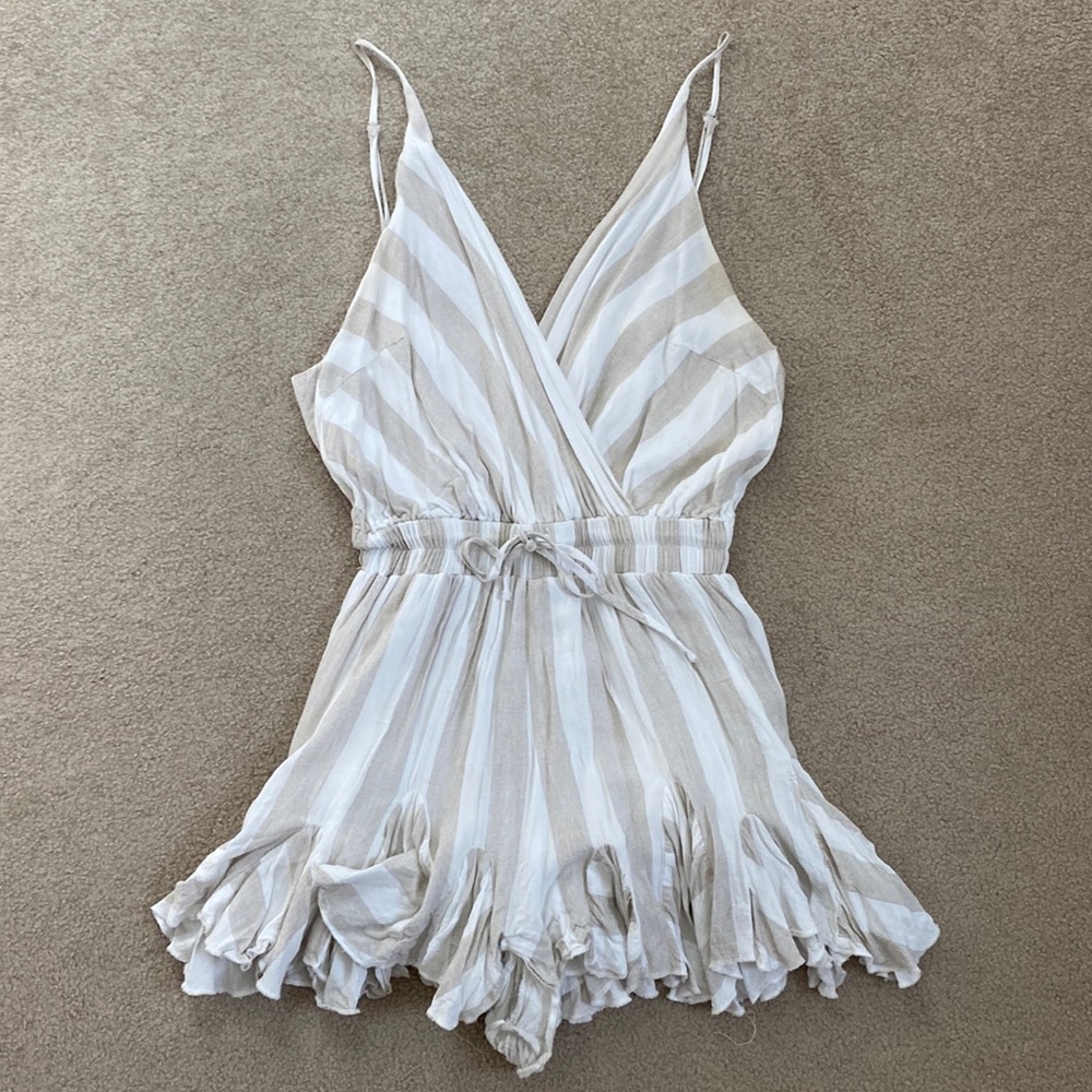 Beige and White Striped Flowy Romper